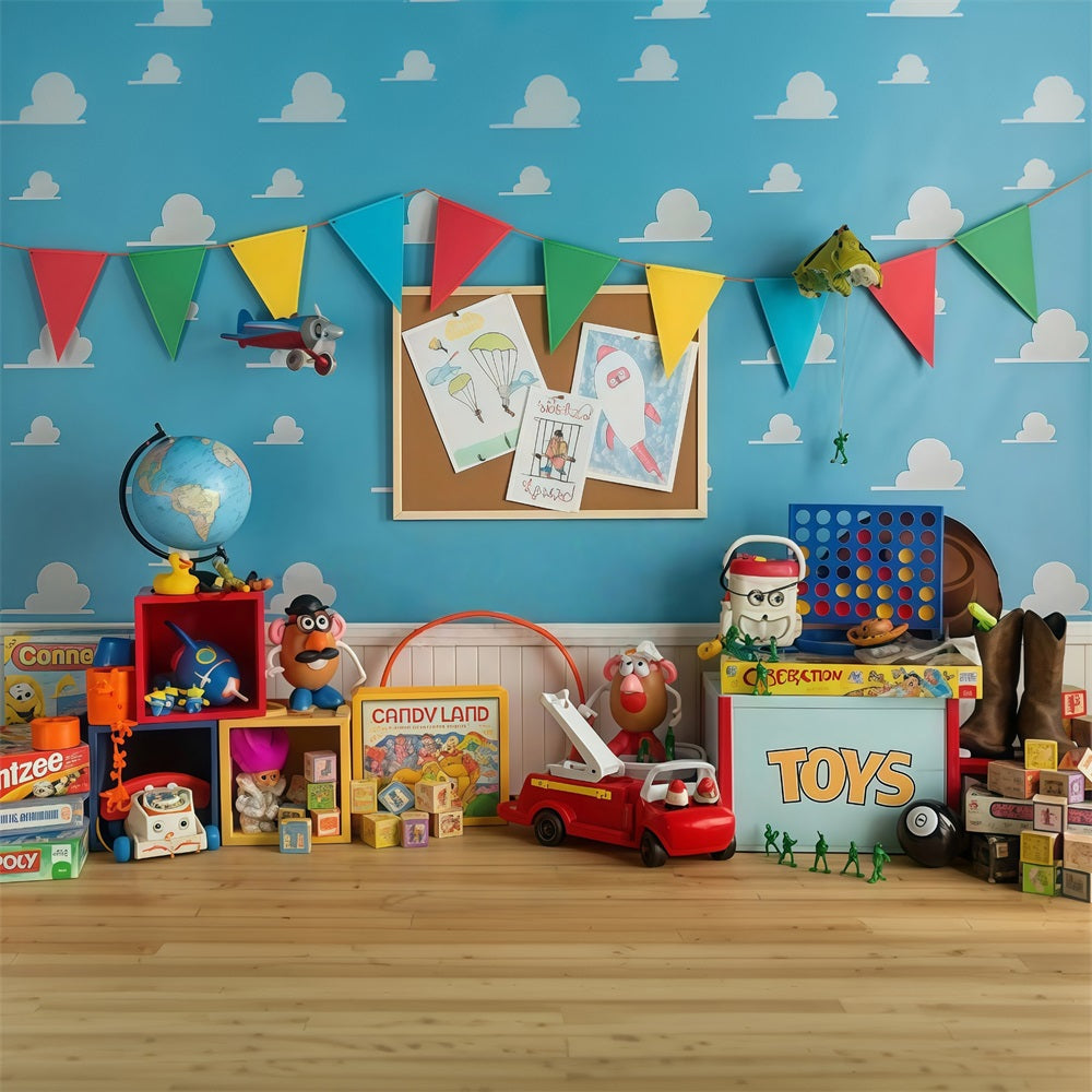 Zurück zur Schule-Fotohintergrund Buntes Spielzimmer im Toy Story-Stil Schulhintergrund MRR9-114