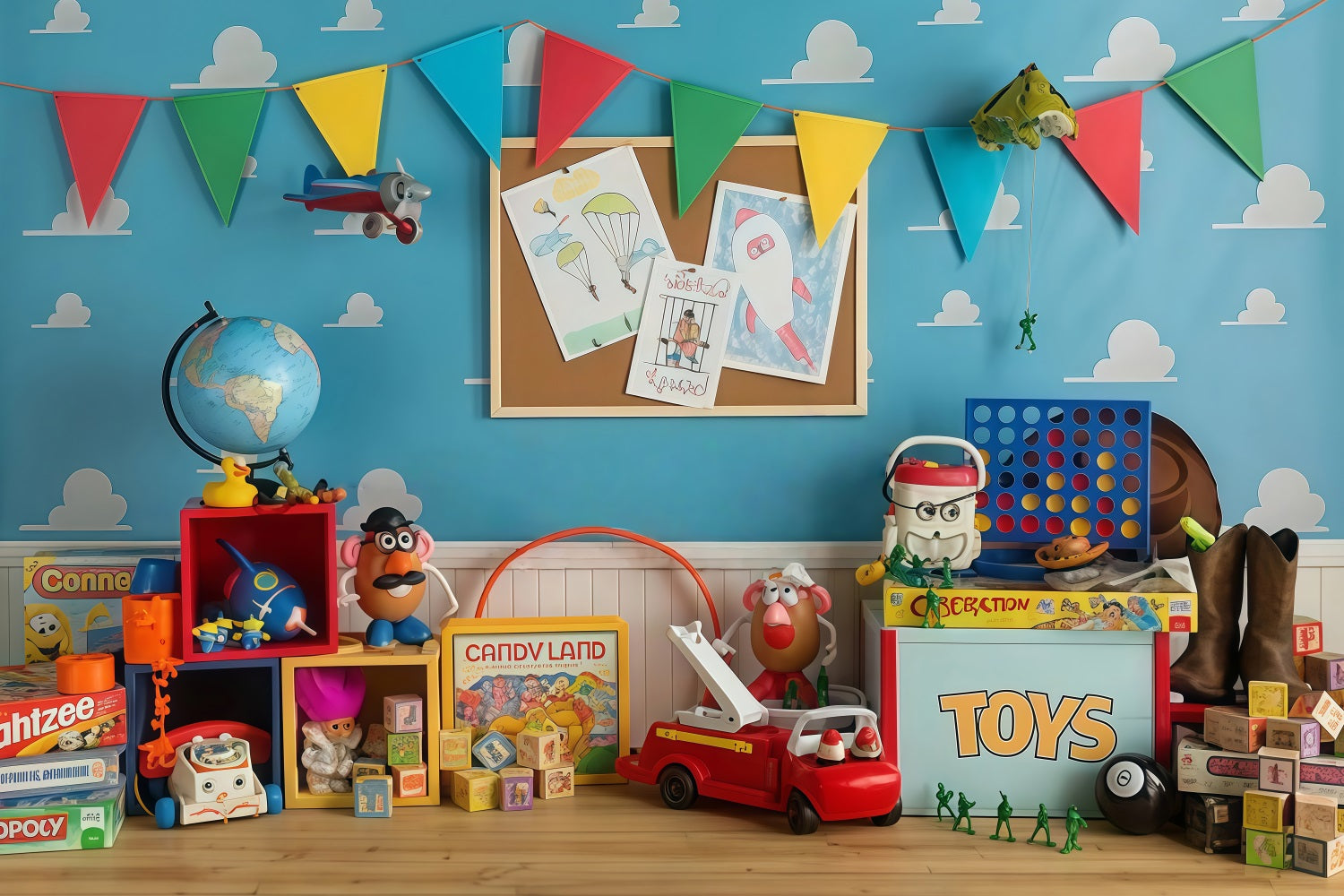 Zurück zur Schule-Fotohintergrund Buntes Spielzimmer im Toy Story-Stil Schulhintergrund MRR9-114