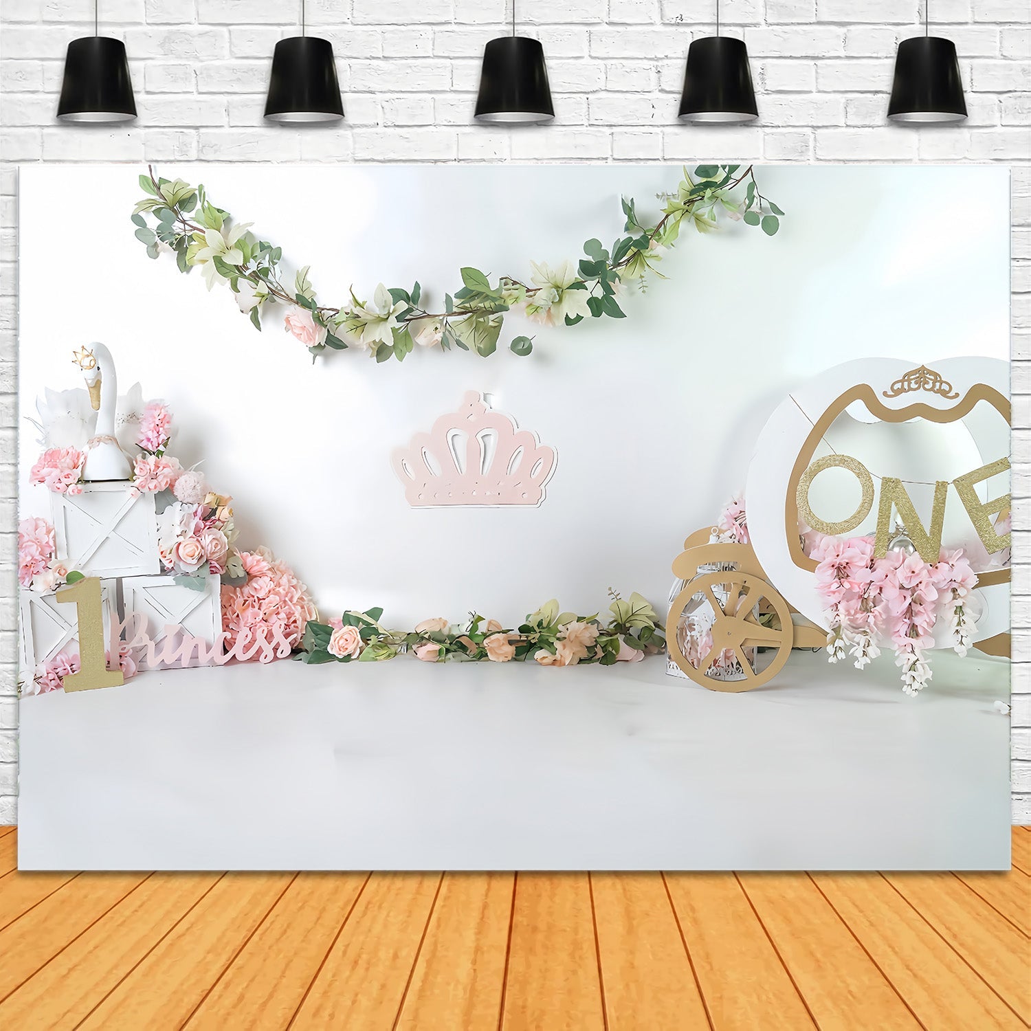 Cake Smash-Fotohintergrund Prinzessin Schwanenkutsche Fotohintergrund für den 1. Geburtstag MRR9-119