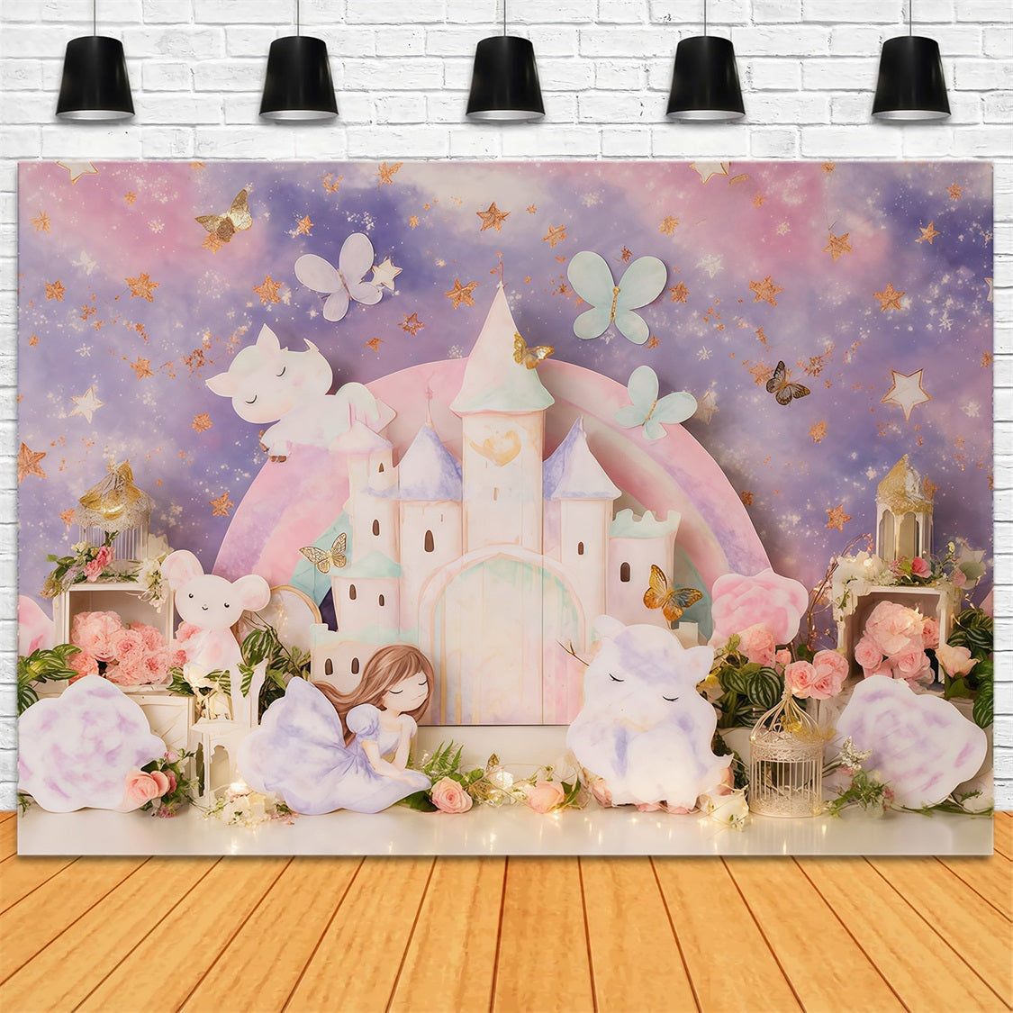 Prinzessinnenschloss-Fotohintergrund Verträumtes Pastell-Feenschloss Kinderhintergründe MRR9-126