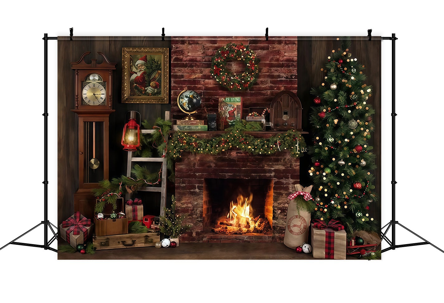 Weihnachts-Kamin-Fotohintergrund Rustikaler Kamin-Dekor Weihnachtsfoto-Fotohintergrund MRR9-129