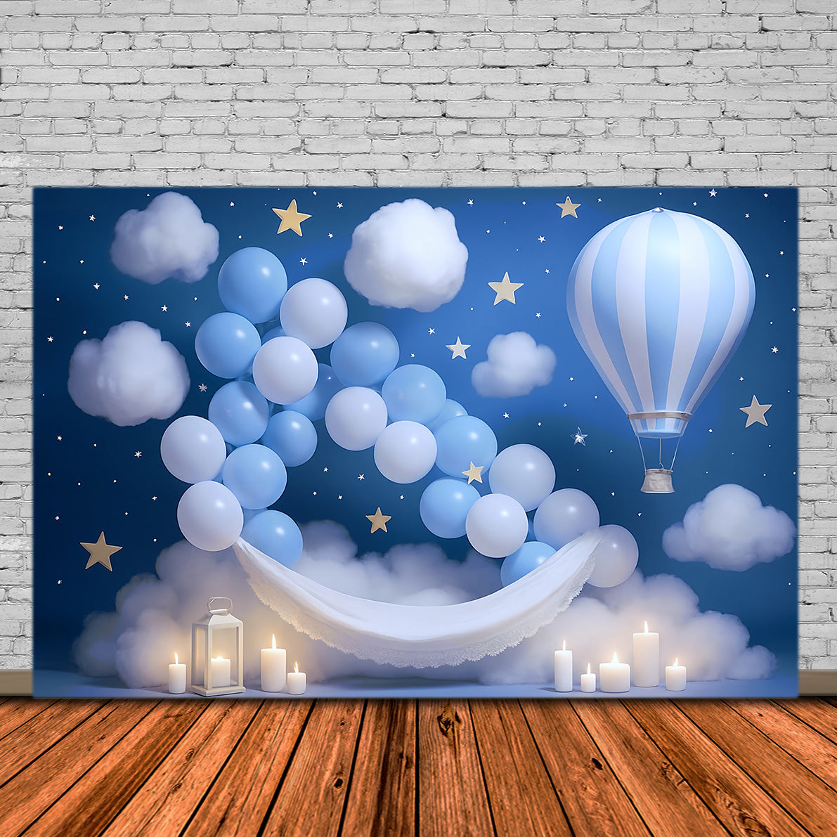 Sternenhintergrund Blauer Himmel Ballons Wolken Neugeborenen-Fotoshooting-Fotohintergrund MRR9-15
