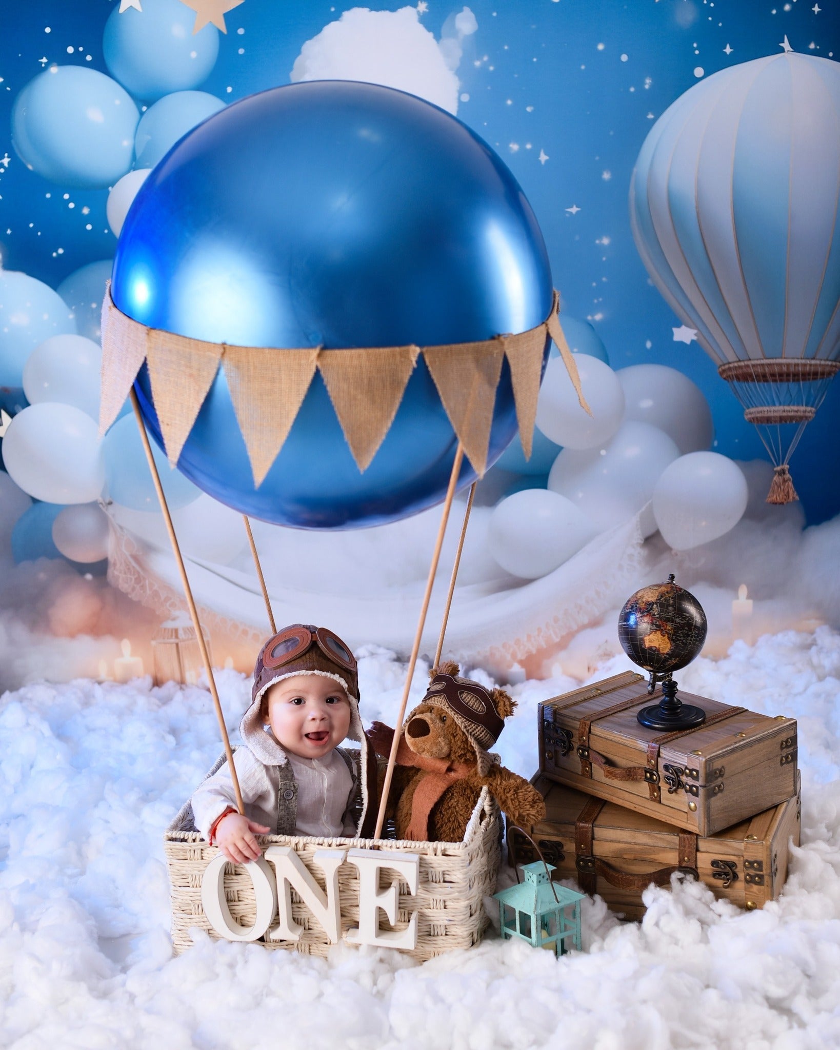 Sternenhintergrund Blauer Himmel Ballons Wolken Neugeborenen-Fotoshooting-Fotohintergrund MRR9-15