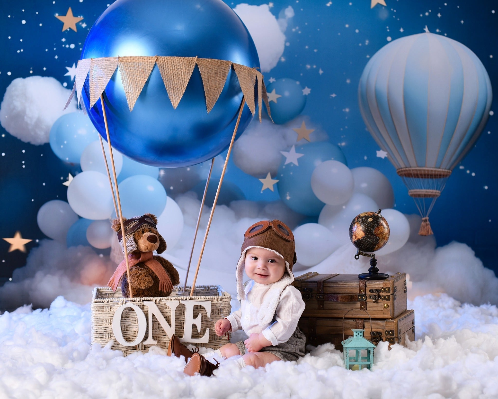 Sternenhintergrund Blauer Himmel Ballons Wolken Neugeborenen-Fotoshooting-Fotohintergrund MRR9-15