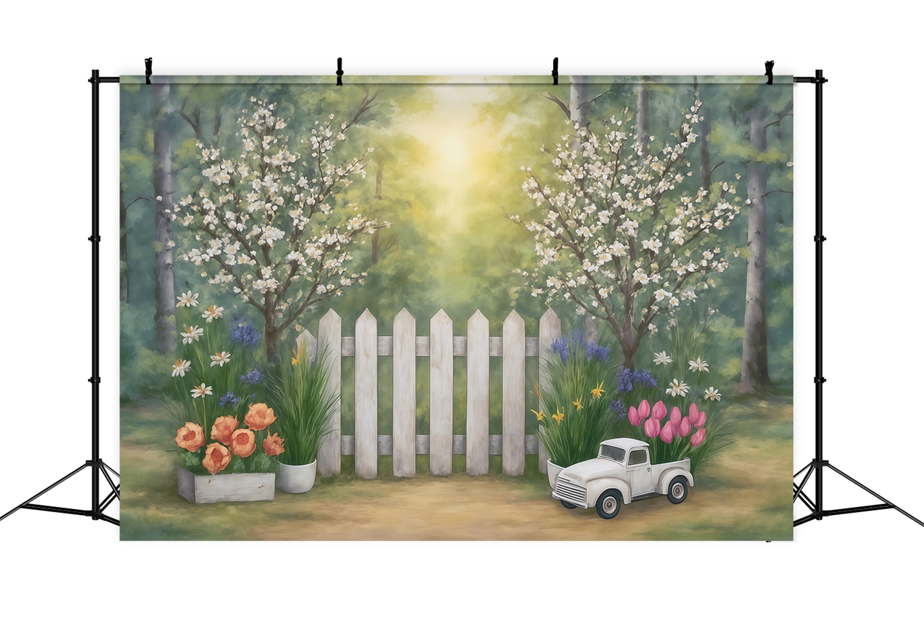 Kunstvolle Hintergründe Frühlingsgarten Zaun Blumen LKW Künstlerischer Fotohintergrund MRR9-34