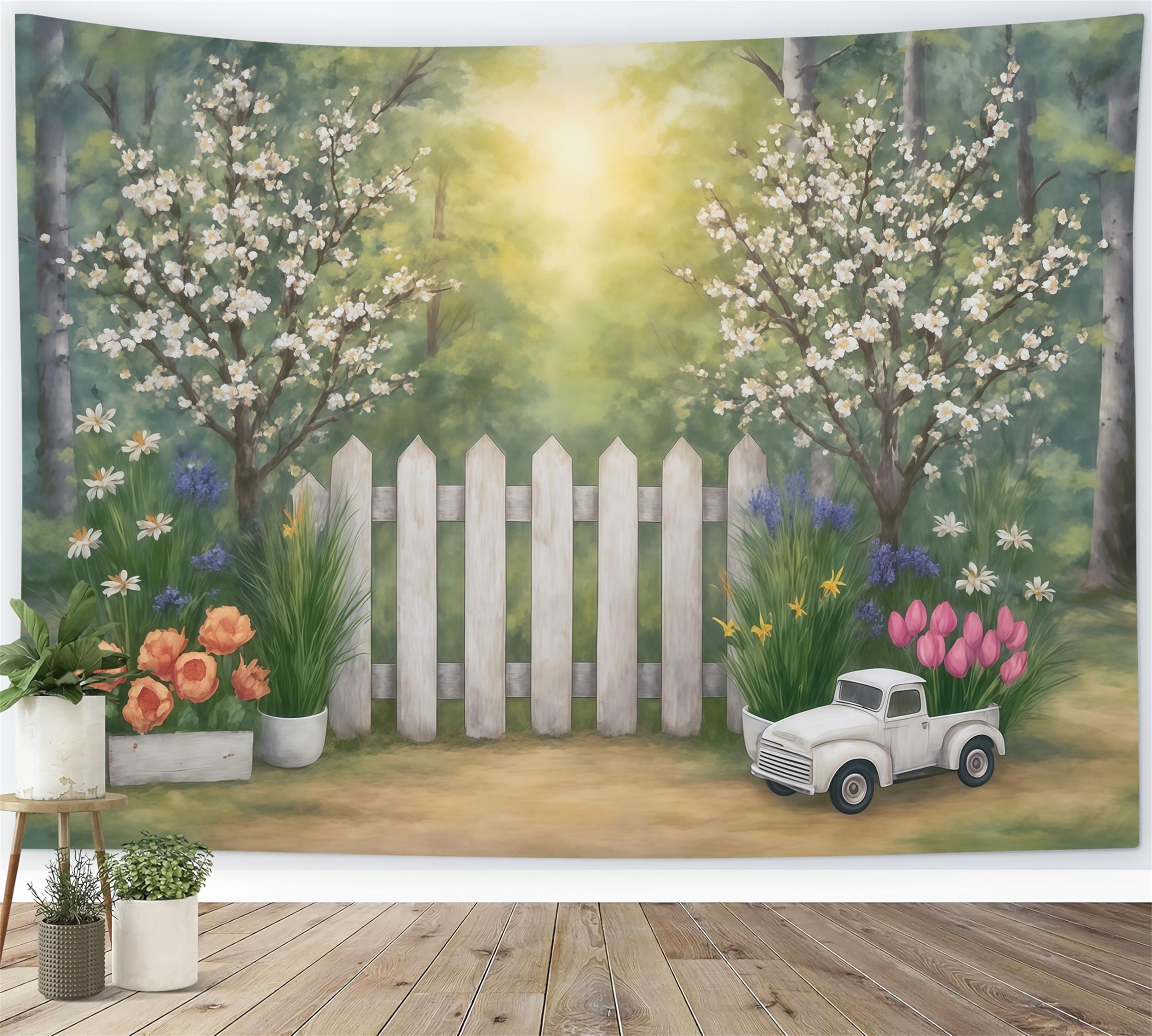 Kunstvolle Hintergründe Frühlingsgarten Zaun Blumen LKW Künstlerischer Fotohintergrund MRR9-34