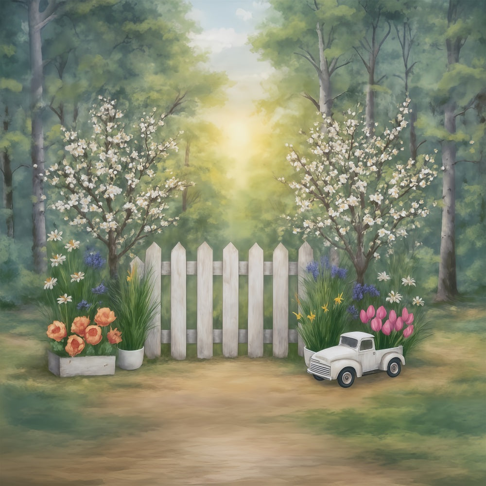 Kunstvolle Hintergründe Frühlingsgarten Zaun Blumen LKW Künstlerischer Fotohintergrund MRR9-34