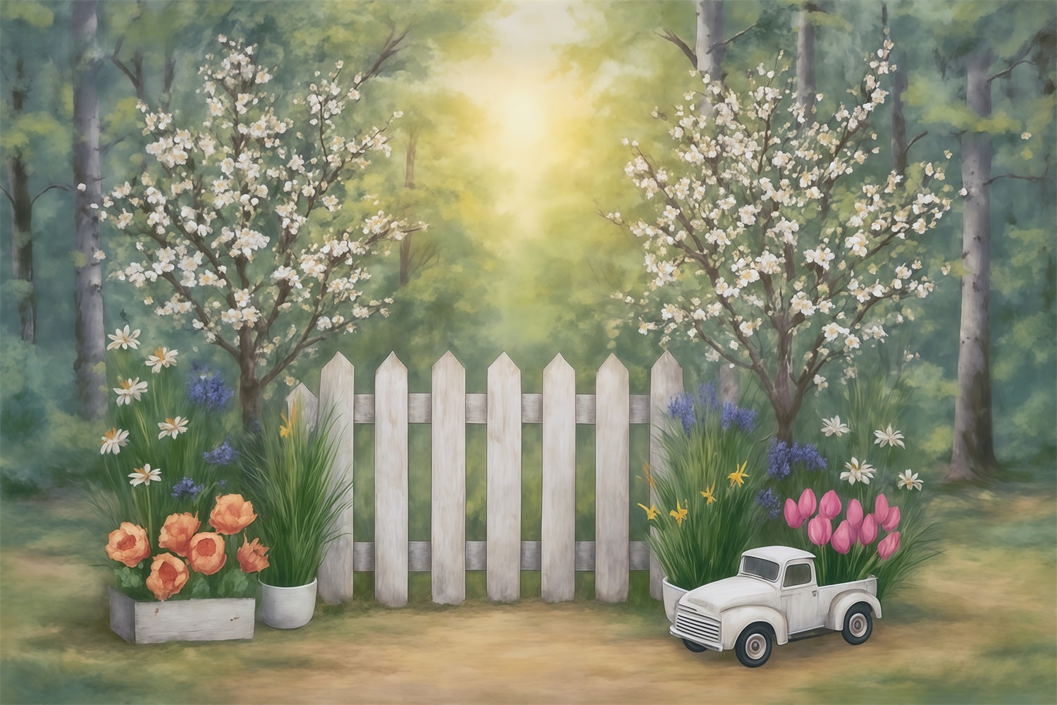 Kunstvolle Hintergründe Frühlingsgarten Zaun Blumen LKW Künstlerischer Fotohintergrund MRR9-34