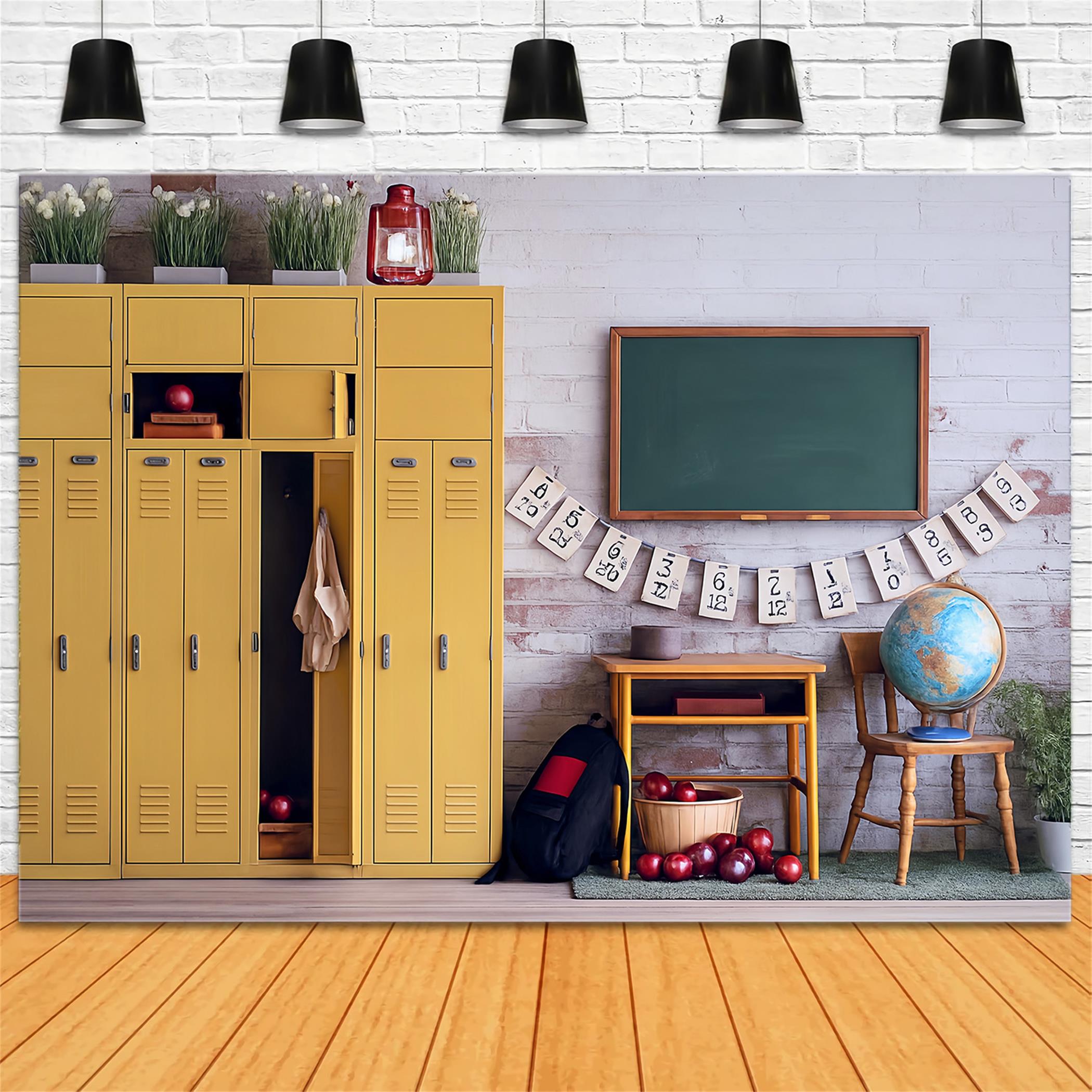 Fotohintergrund für Schulanfangsfotos Gelber Spind Klassenzimmer Schulhintergrund MRR9-43