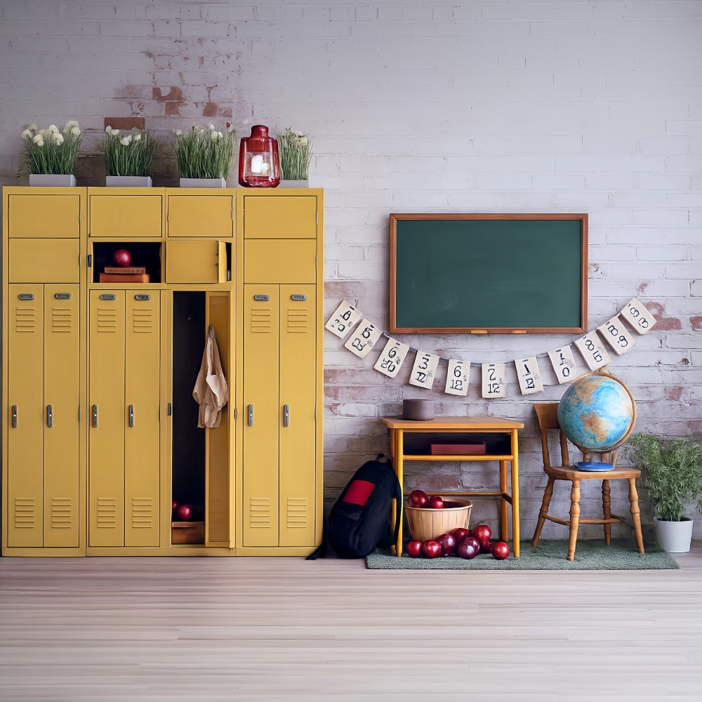 Fotohintergrund für Schulanfangsfotos Gelber Spind Klassenzimmer Schulhintergrund MRR9-43