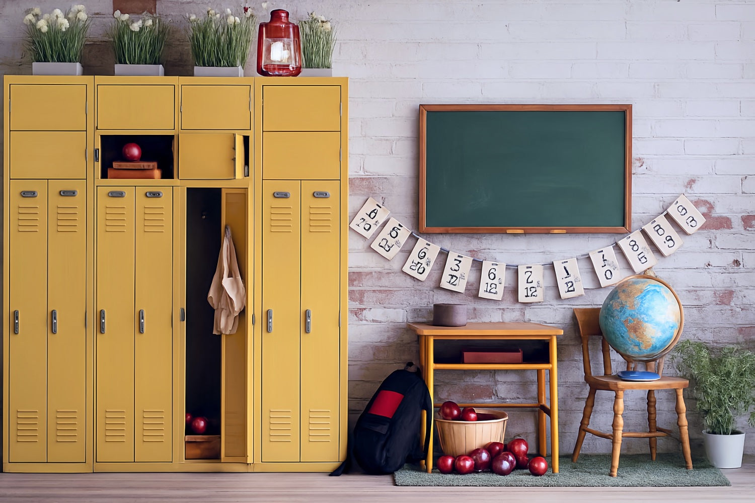 Fotohintergrund für Schulanfangsfotos Gelber Spind Klassenzimmer Schulhintergrund MRR9-43