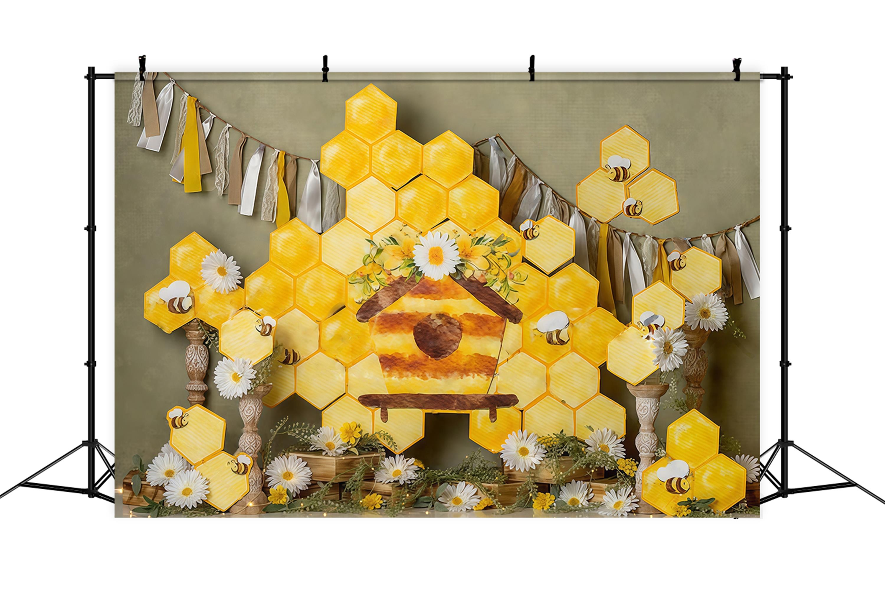 Fotohintergrund für Kinderfotos Wabenmuster Gänseblümchen Biene Cottage Display Fotohintergrund für Kinder MRR9-46