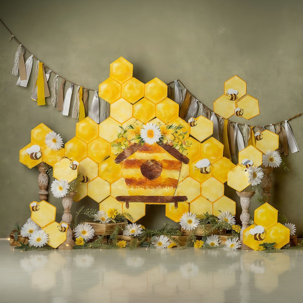 Fotohintergrund für Kinderfotos Wabenmuster Gänseblümchen Biene Cottage Display Fotohintergrund für Kinder MRR9-46