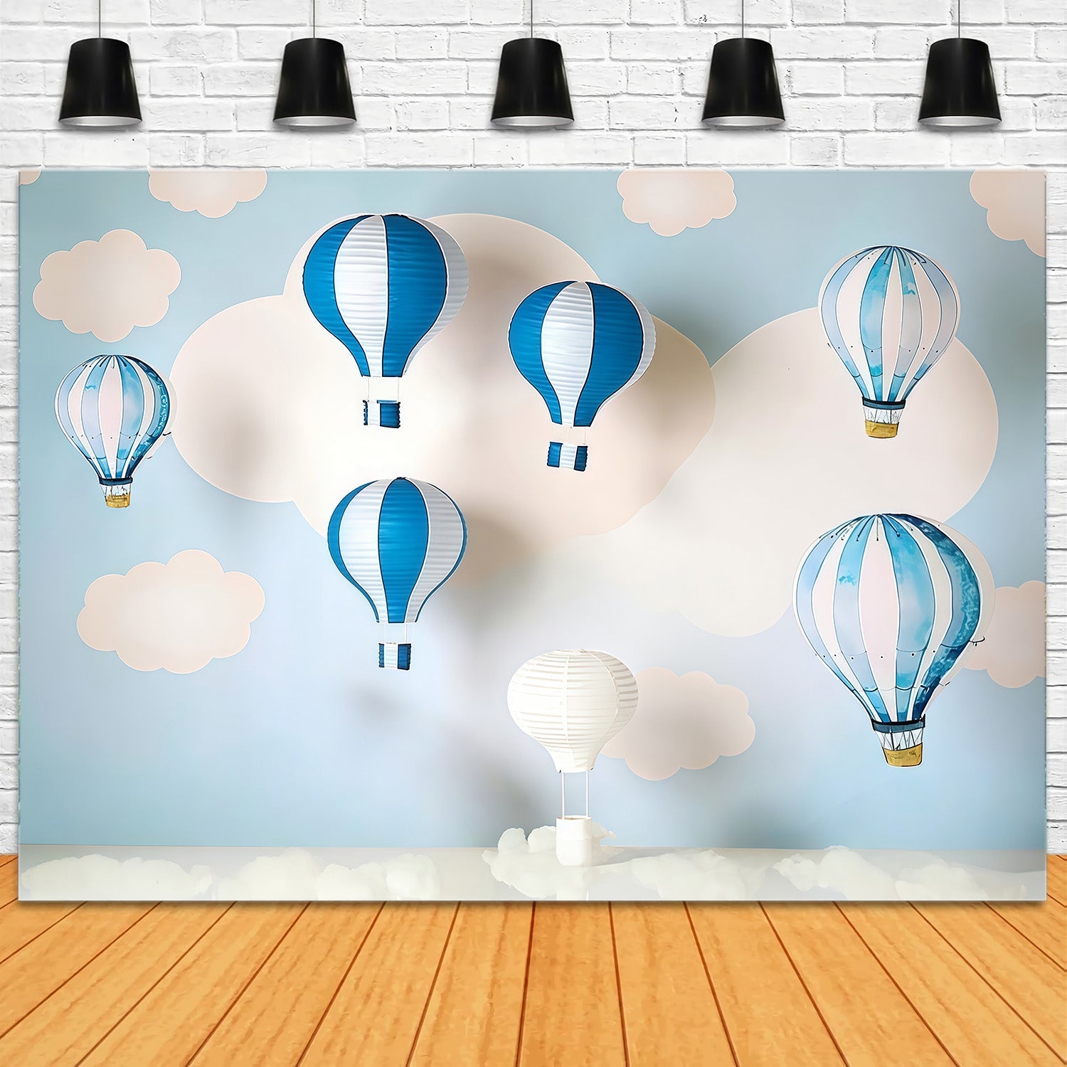 Neugeborenen-Fotohintergrund Blaue Wolken Heißluftballons Kinder-Fotohintergrund MRR9-47