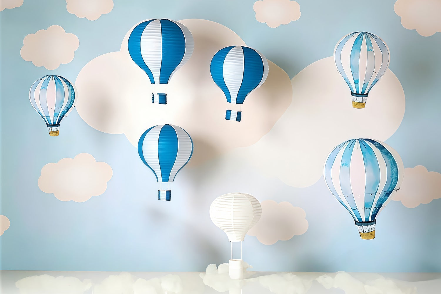 Neugeborenen-Fotohintergrund Blaue Wolken Heißluftballons Kinder-Fotohintergrund MRR9-47