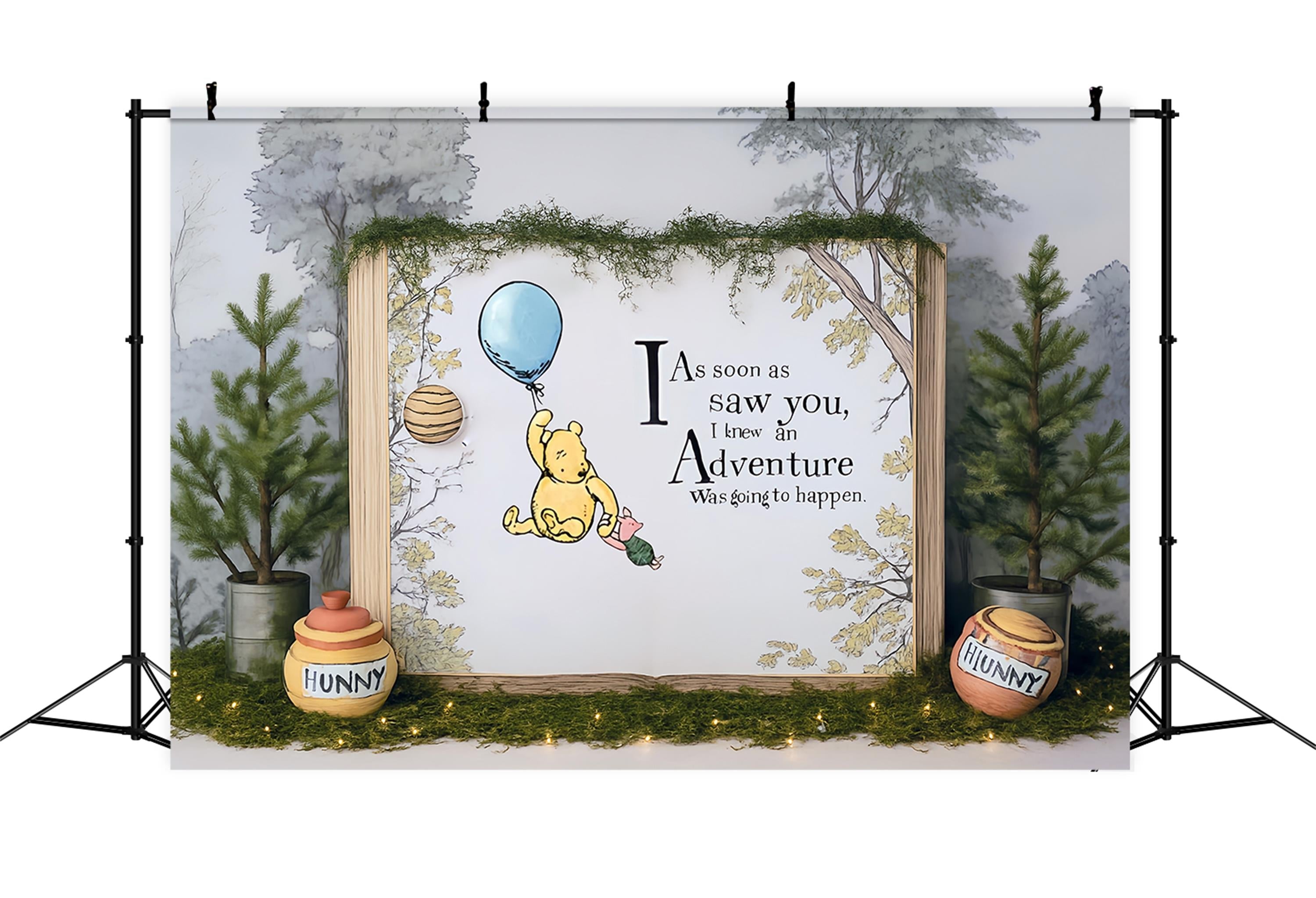 Cake Smash-Fotohintergrund Pooh-Ballon-Abenteuer Wald Zitat 1. Geburtstag-Fotohintergrund MRR9-63
