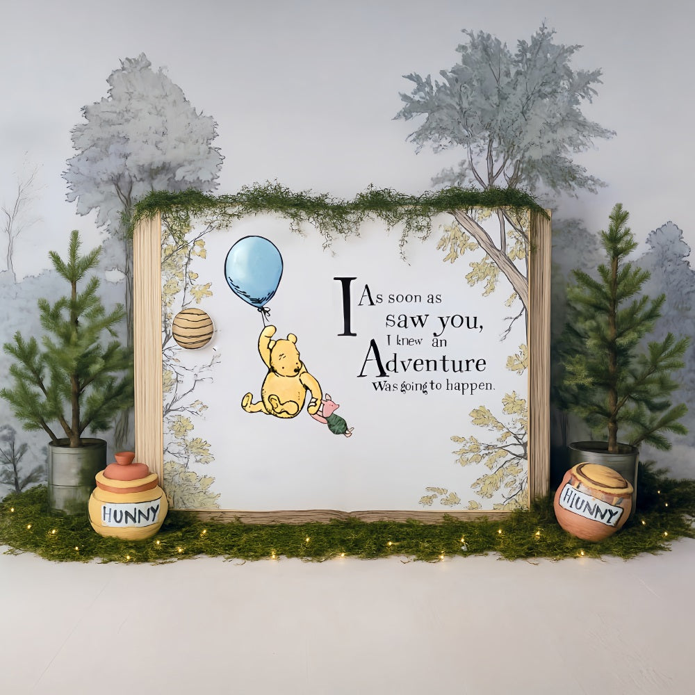 Cake Smash-Fotohintergrund Pooh-Ballon-Abenteuer Wald Zitat 1. Geburtstag-Fotohintergrund MRR9-63
