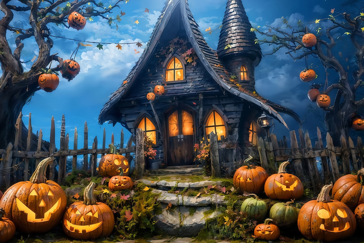 Halloween-Fotohintergrund Spukhaus mit Kürbissen Nacht Halloween-Fotohintergrund MRR9-68