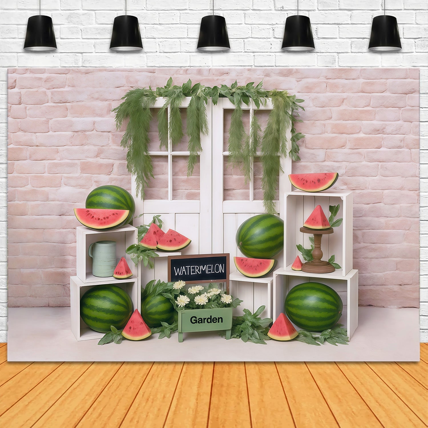 Wassermelonen-Fotohintergrund Backsteinmauer Holztür Sommer-Fotohintergrund MRR9-80
