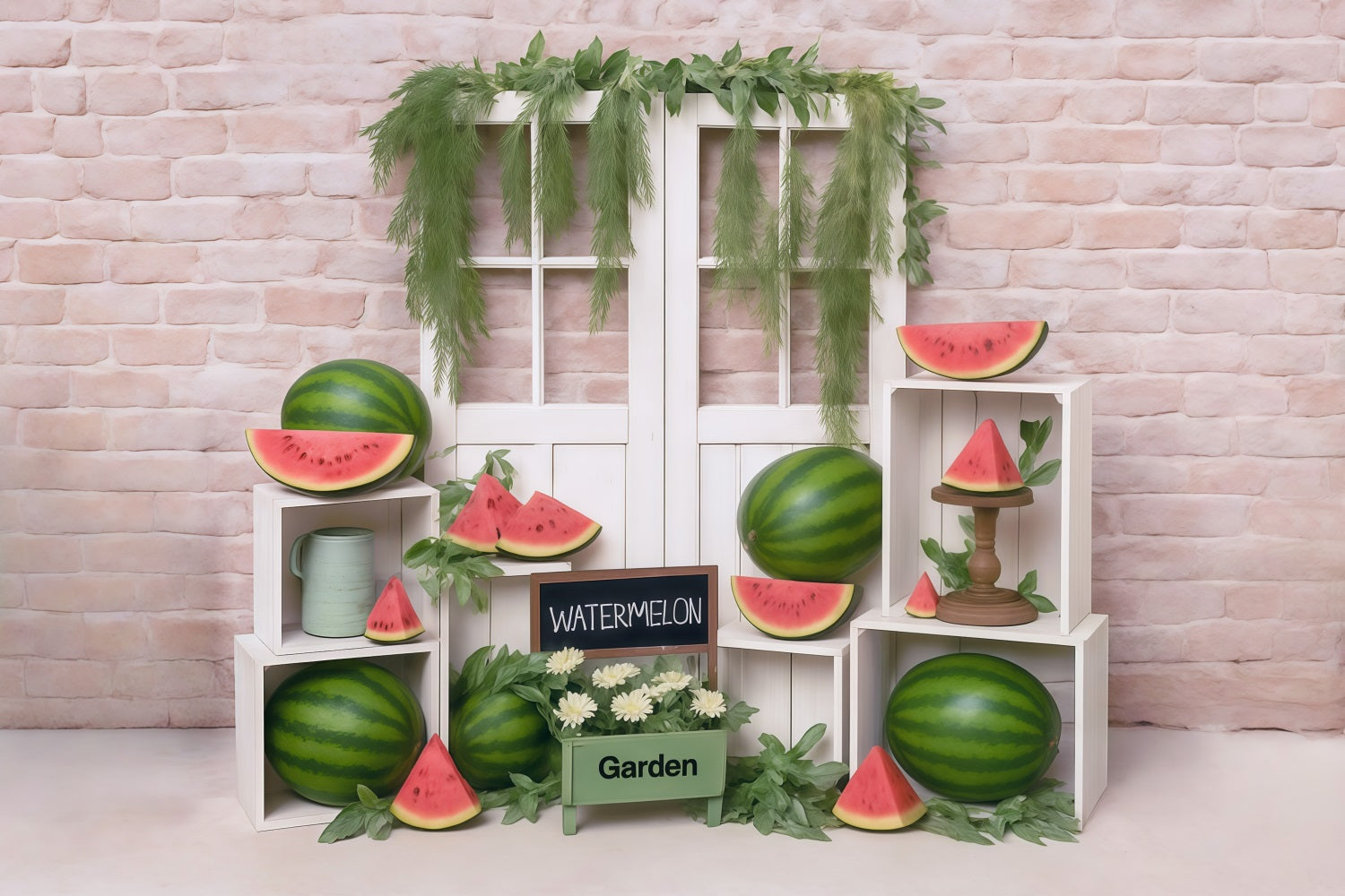 Wassermelonen-Fotohintergrund Backsteinmauer Holztür Sommer-Fotohintergrund MRR9-80