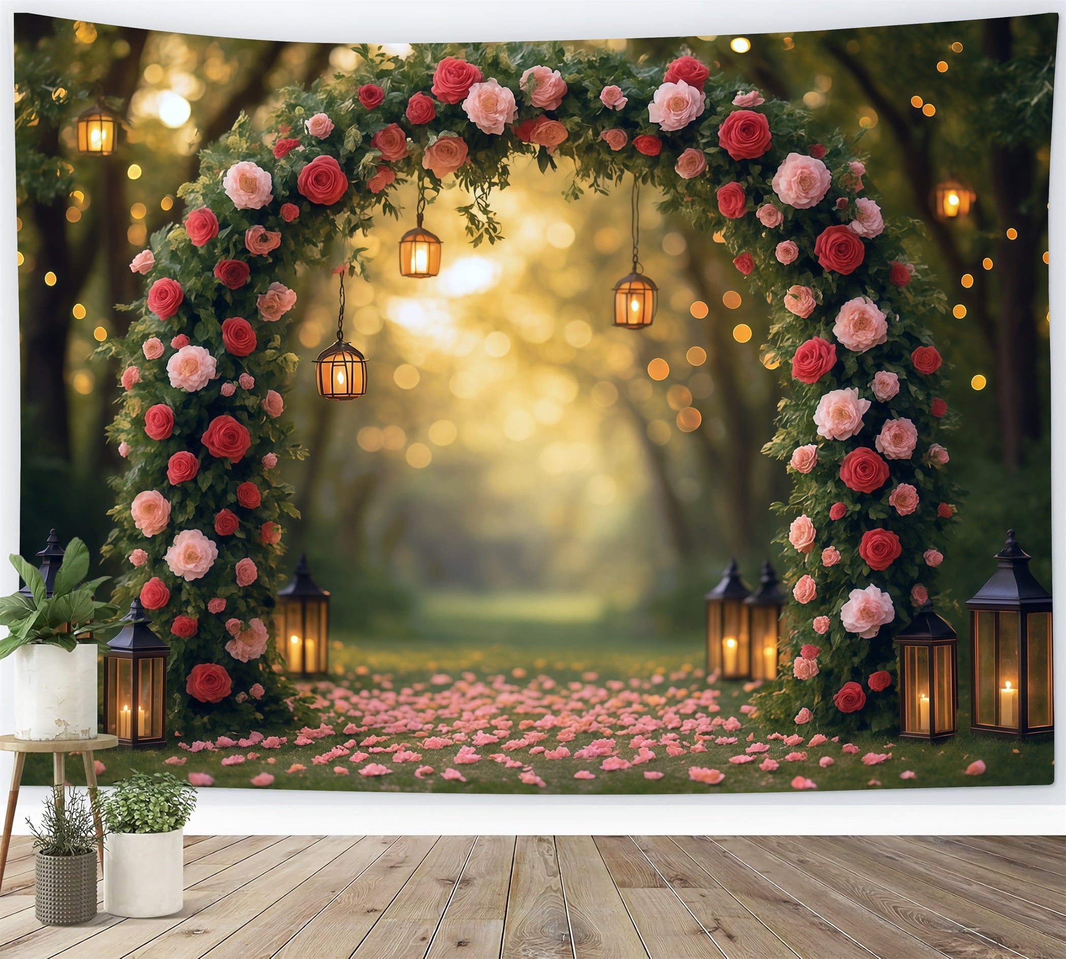 Blumenhintergrund Romantischer Rosenbogen Laternen Blumen-Fotohintergrund MRR9-81