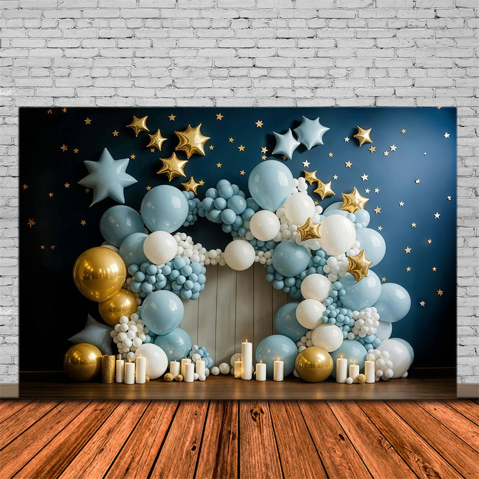 Kuchen-Smash-Fotohintergrund Blau-goldener Stern-Ballonbogen Geburtstags-Fotohintergrund MRR9-90