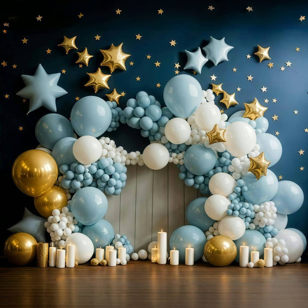 Kuchen-Smash-Fotohintergrund Blau-goldener Stern-Ballonbogen Geburtstags-Fotohintergrund MRR9-90