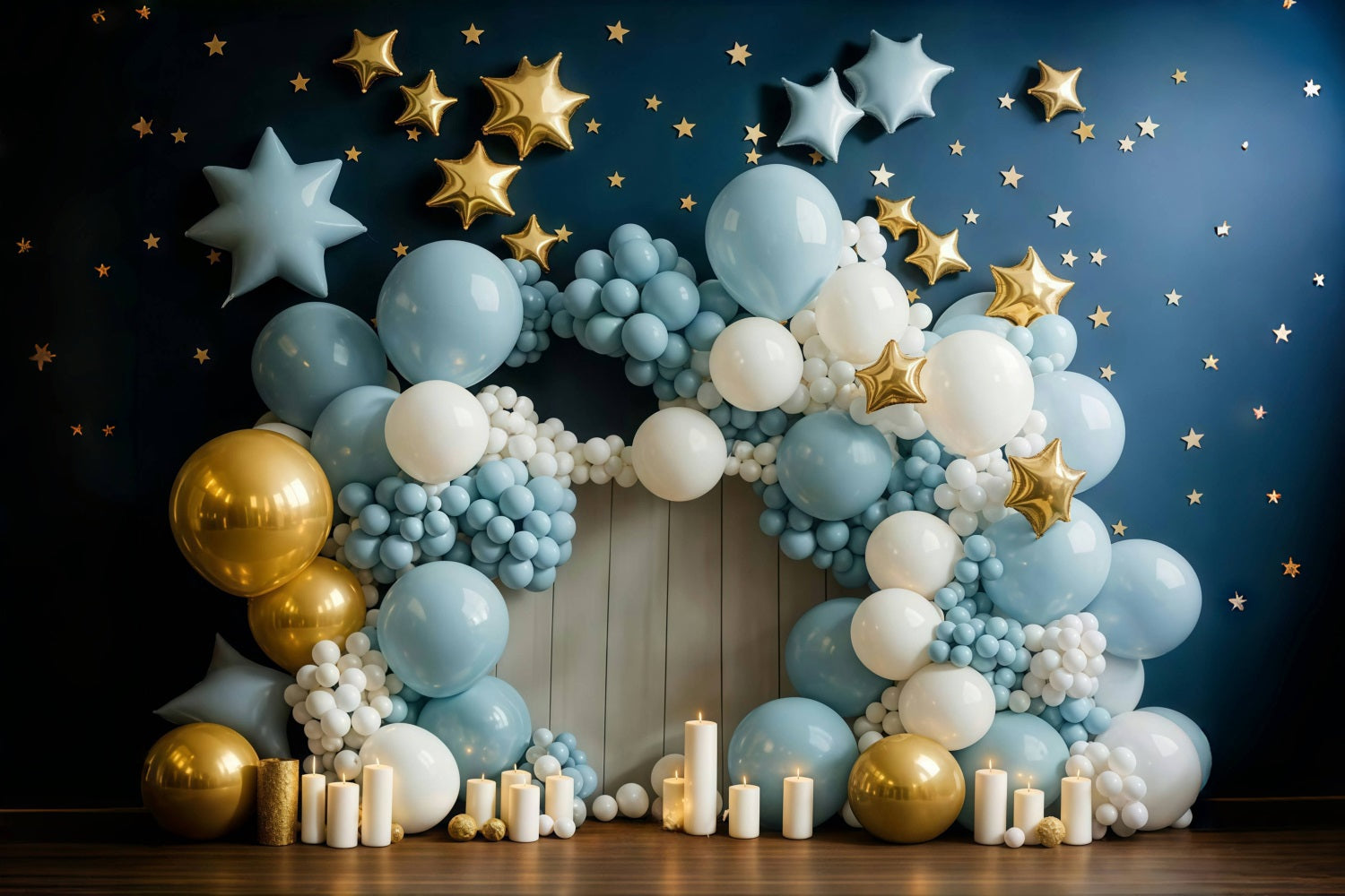 Kuchen-Smash-Fotohintergrund Blau-goldener Stern-Ballonbogen Geburtstags-Fotohintergrund MRR9-90