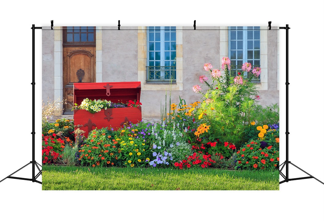 Frühling Stadthaus Garten Blumen Rasen Redwood Chest Backdrop RR3-17