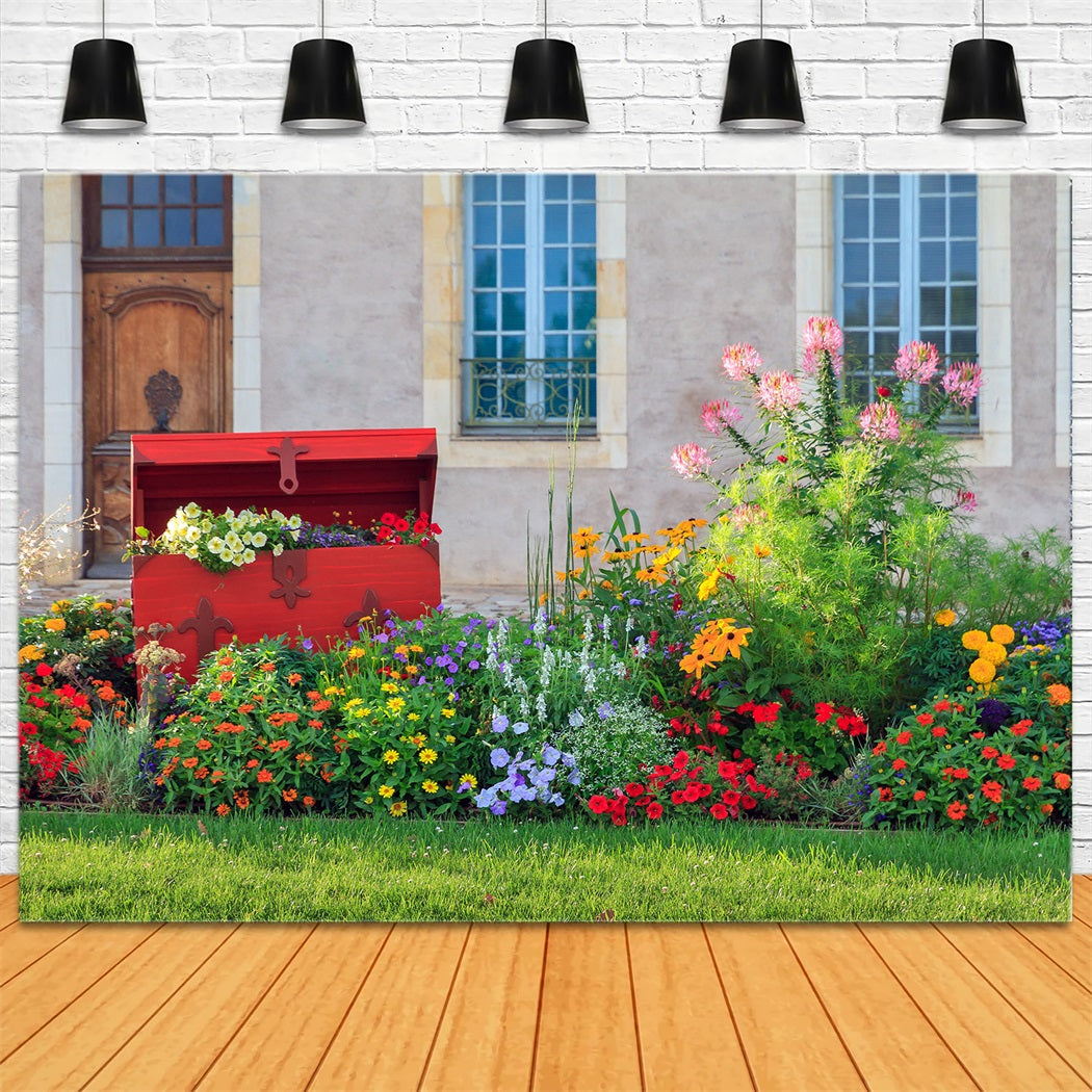 Frühling Stadthaus Garten Blumen Rasen Redwood Chest Backdrop RR3-17