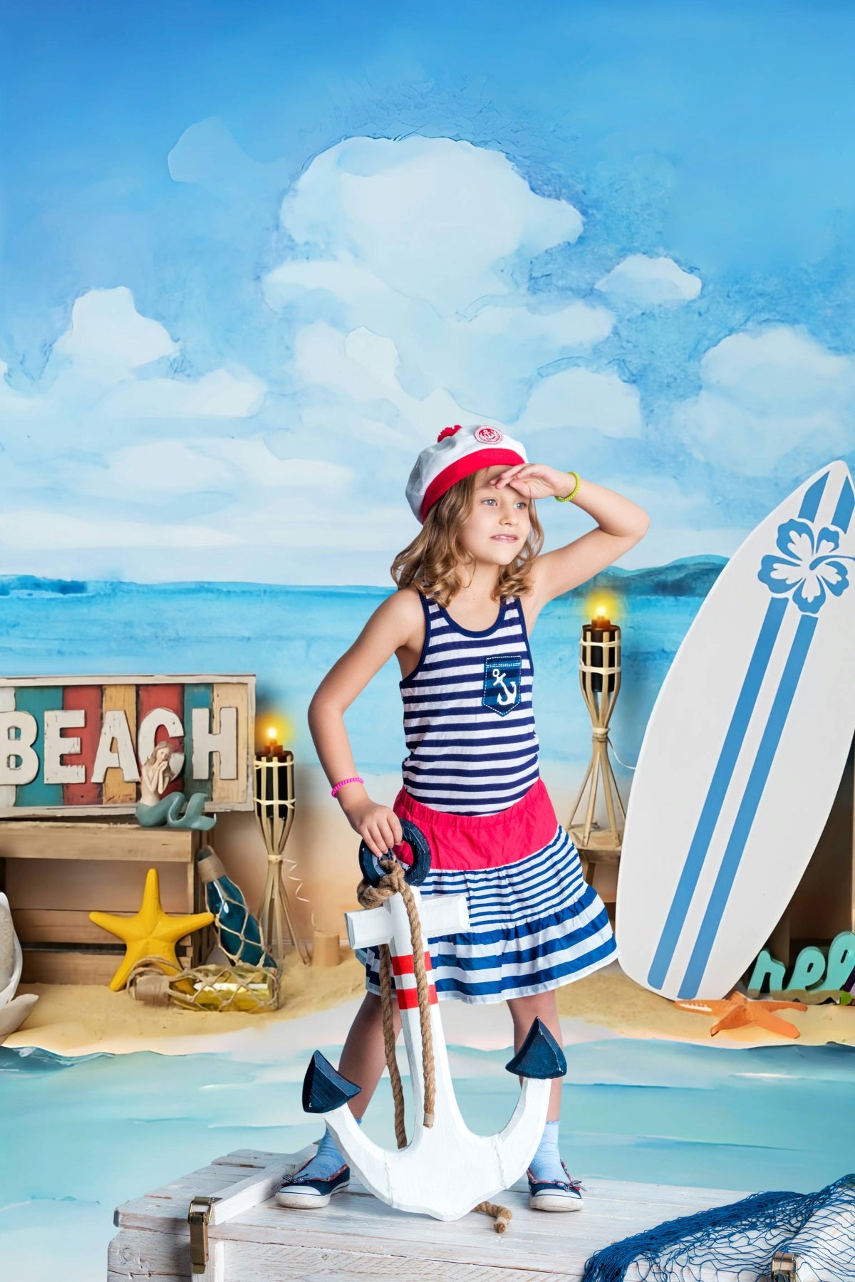 Sommer Meer Strand Blauer Himmel Weiße Wolken Surfen Theme Backdrop RR3-29
