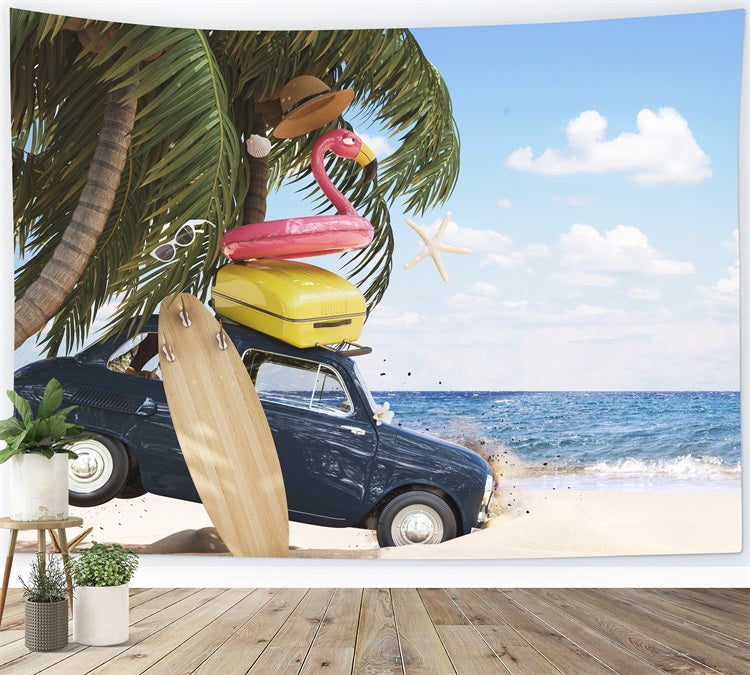 DBackdrop Sommer Strand Kokosnuss Baum Auto Flamingo Schwimmen Ring Hintergrund RR3-41