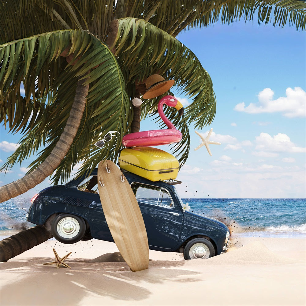 DBackdrop Sommer Strand Kokosnuss Baum Auto Flamingo Schwimmen Ring Hintergrund RR3-41
