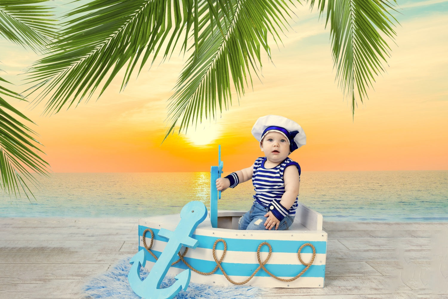 DBackdrop Summer Seaside Beach Kokosnussbaum Sonnenuntergang Hintergrund RR3-42