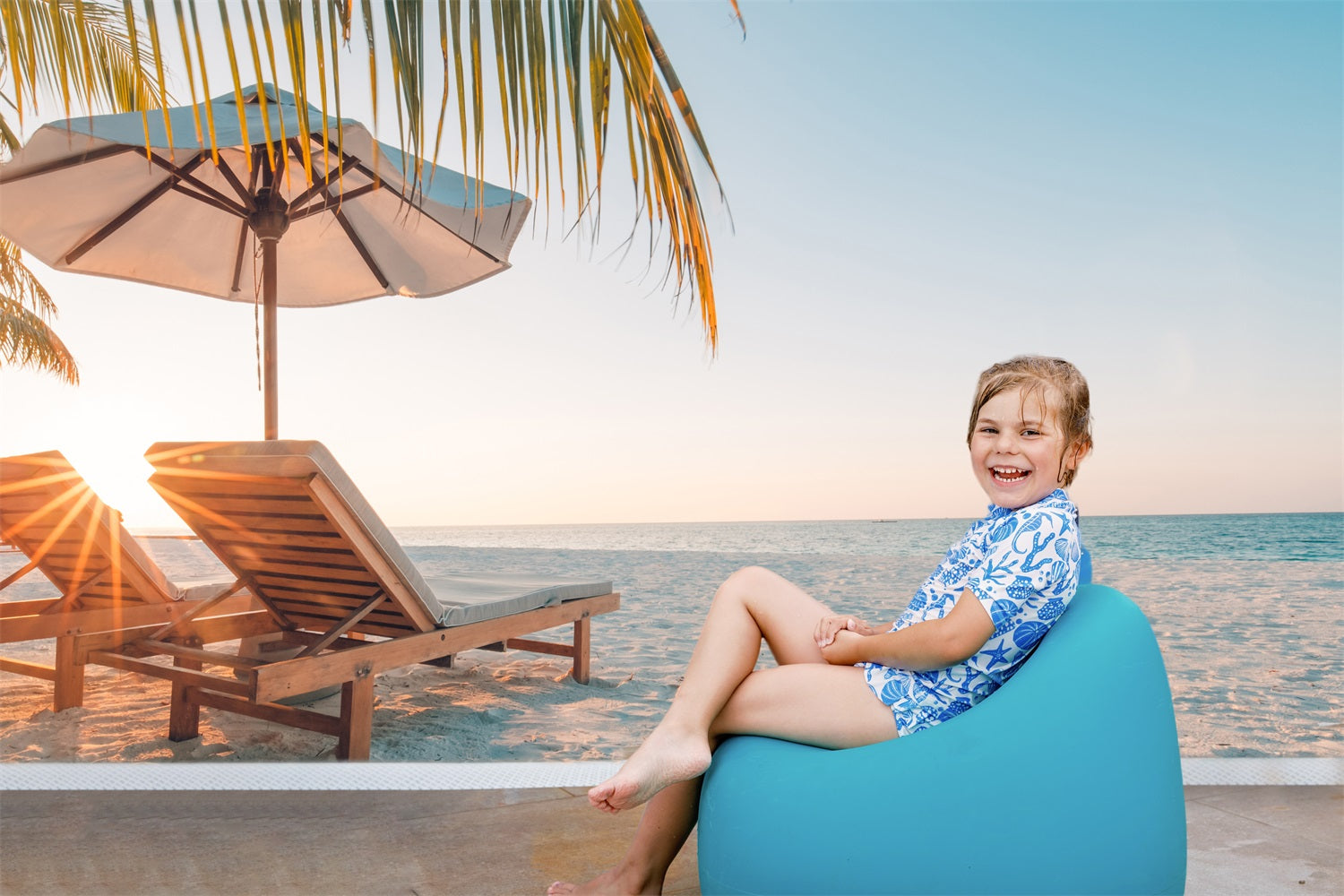 DBackdrop Sommer Seaside Fine Soft Beach Coconut Tree Chaise Lounge Hintergrund RR3-43