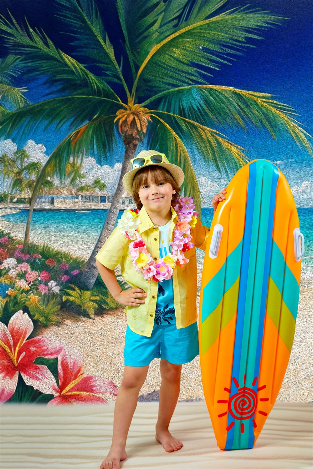 DBackdrop Sommer Ölgemälde Stil Kokosnuss Baum Blume Blau Meer Hintergrund RR3-44