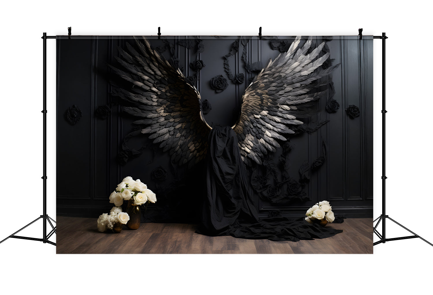 DBackdrop Schwarze Vintage Wall Schwarze geflügelte Rose Hintergrund RR4-31