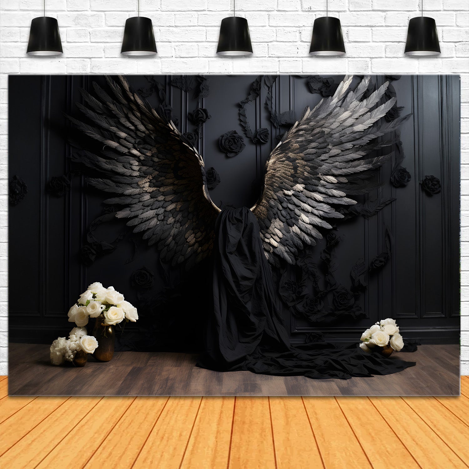 DBackdrop Schwarze Vintage Wall Schwarze geflügelte Rose Hintergrund RR4-31