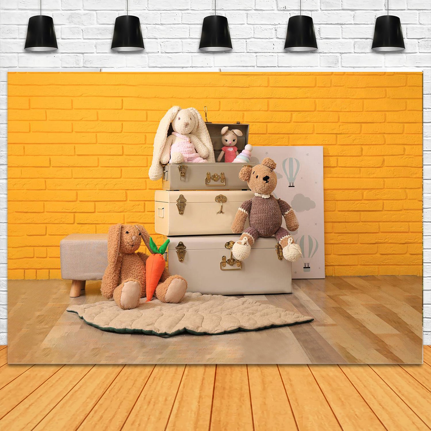 Niedliche gelbe Backsteinmauer Bunny Bear Doll Hintergrund RR5-12