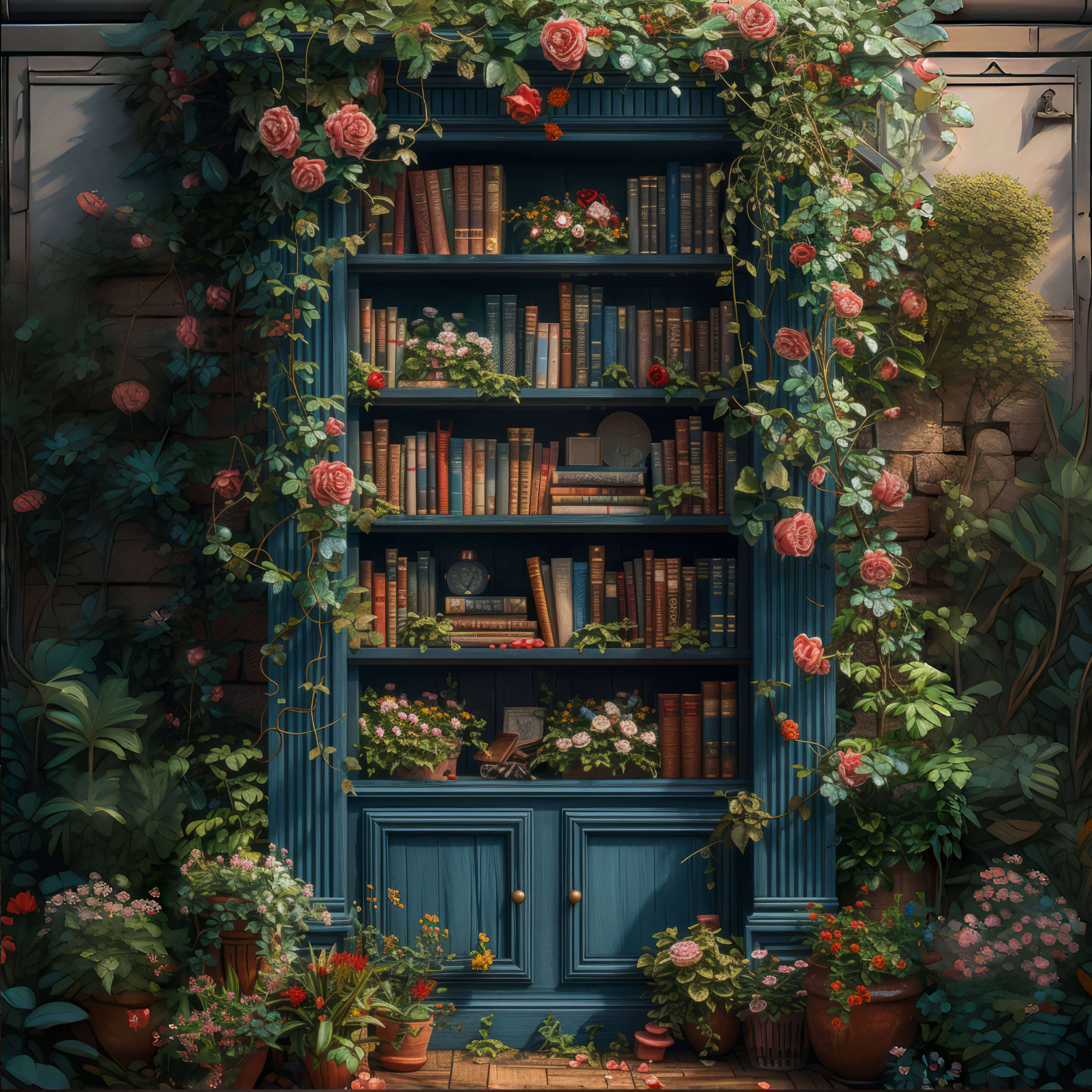 Bücherregal in Blumen Back to School Fotografie Hintergrund RR6-35