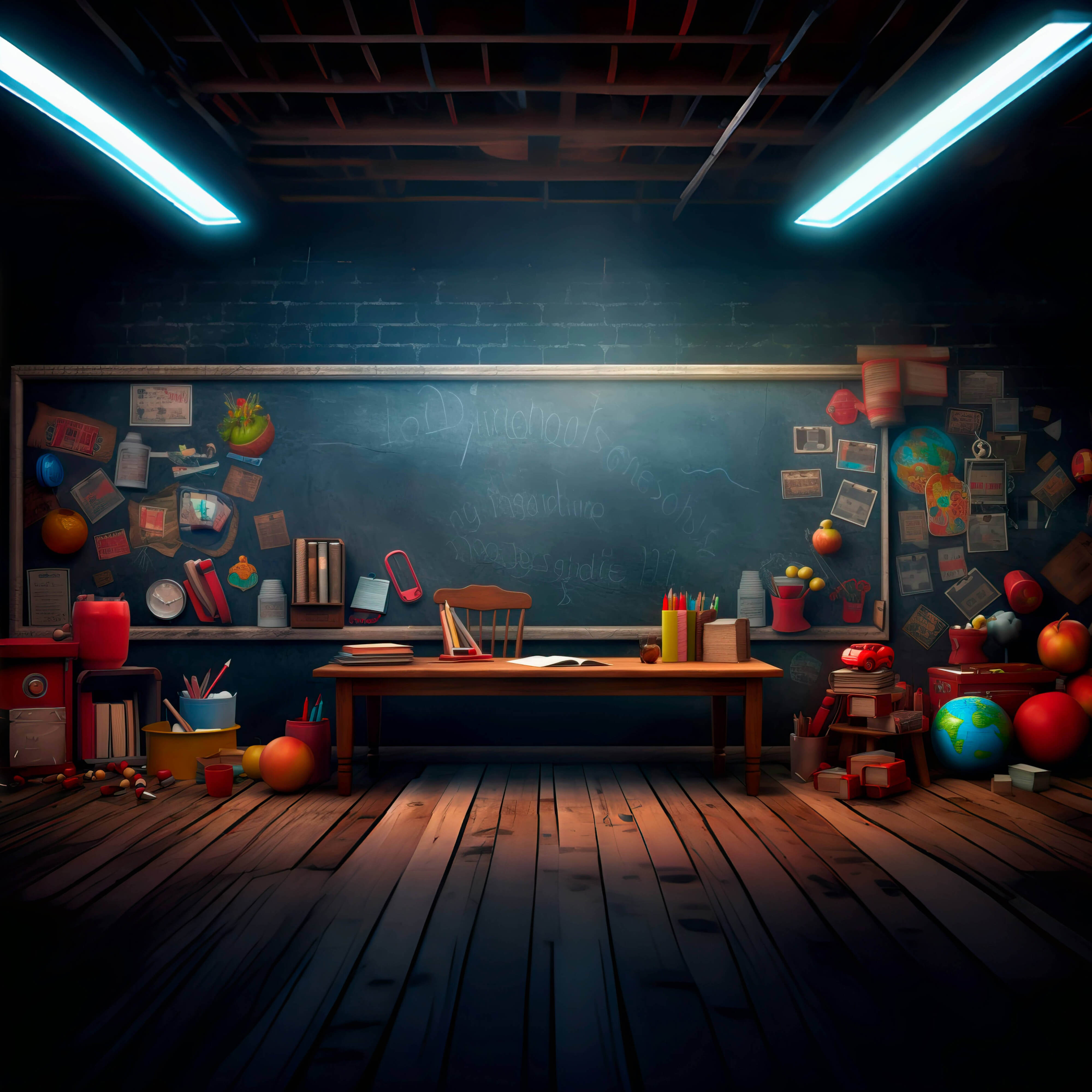 Klassenzimmer Schwarzes Brett Schreibtisch Schulmaterial Fotografie Hintergrund RR6-40