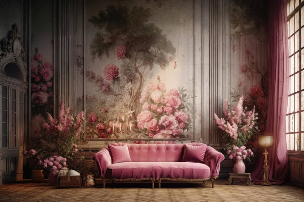 Rosa Sofa Floral Retro Wand Wohnzimmer Backdrop RR6-62