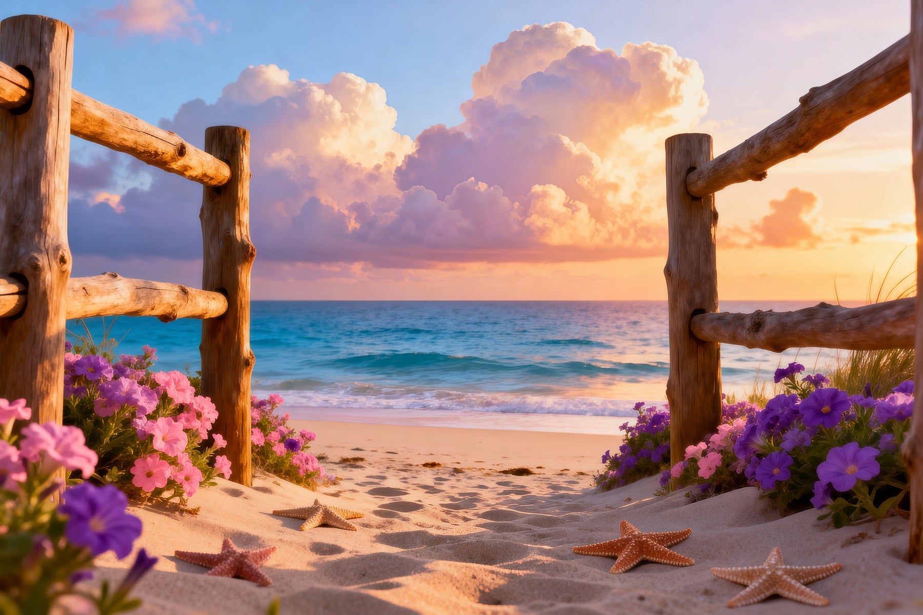 Strand-Fotografie-Hintergrund Holzzaun Seestern-Pfad Sommer-Hintergrund RR61-10