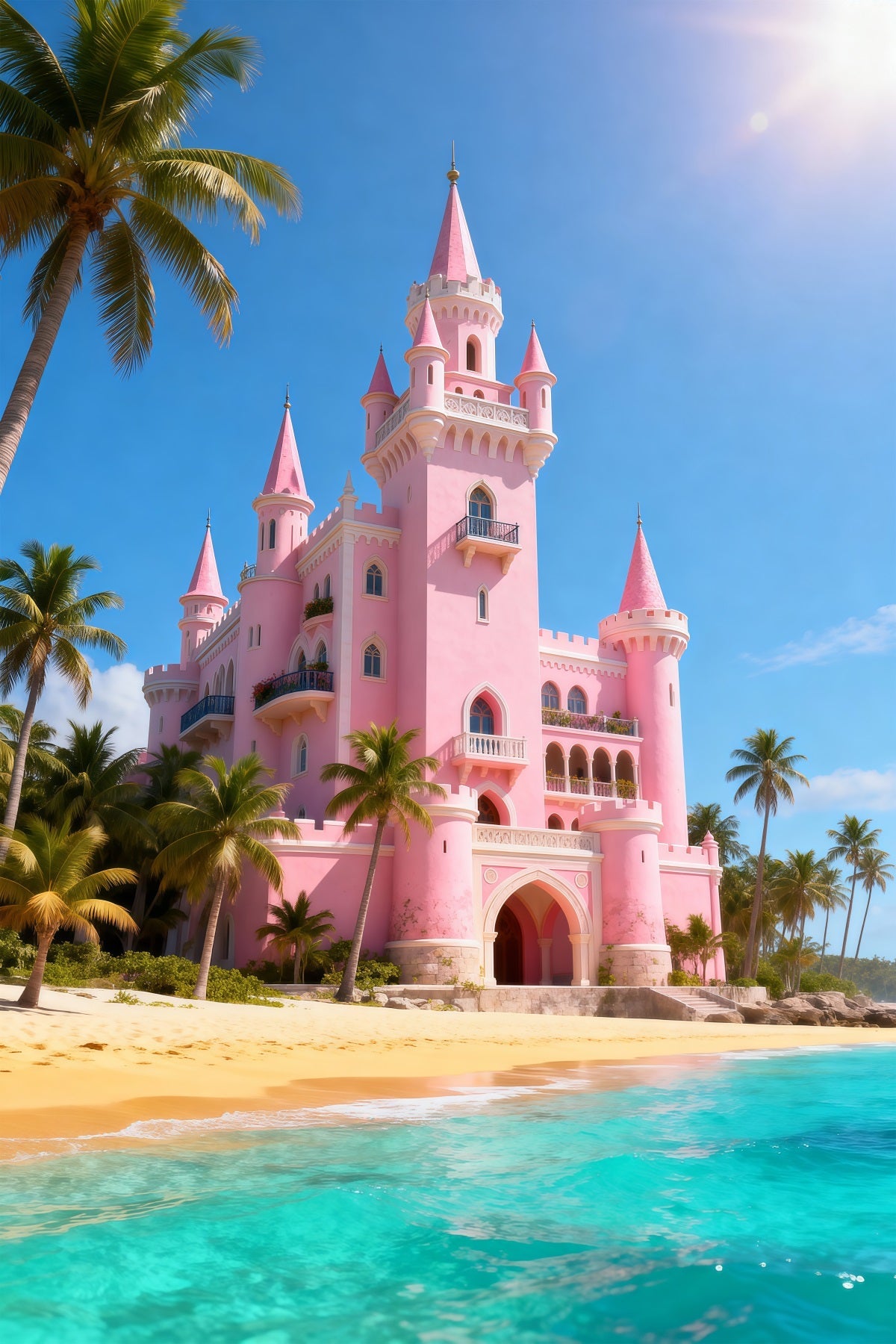 Strand-Hintergründe Rosa Schloss Palmen Sommer-Fotografie-Hintergrund RR61-11