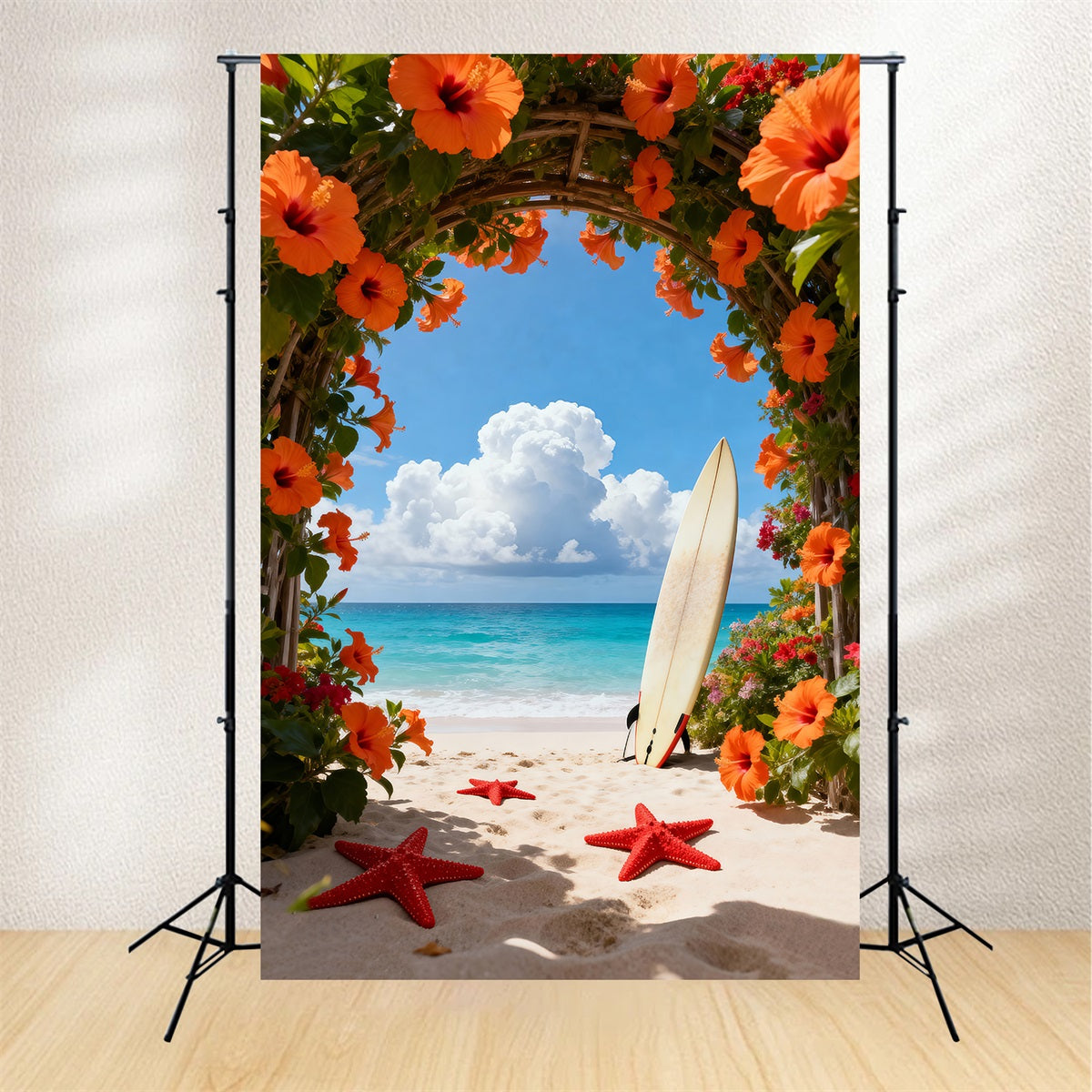 Tropischer Strand-Fotohintergrund Blumenbogen Seestern-Weg Sommerhintergrund RR61-17