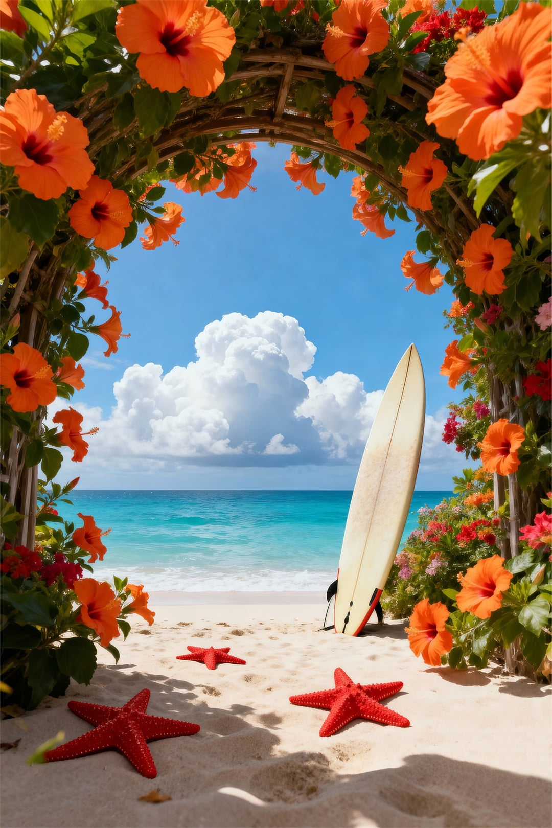 Tropischer Strand-Fotohintergrund Blumenbogen Seestern-Weg Sommerhintergrund RR61-17
