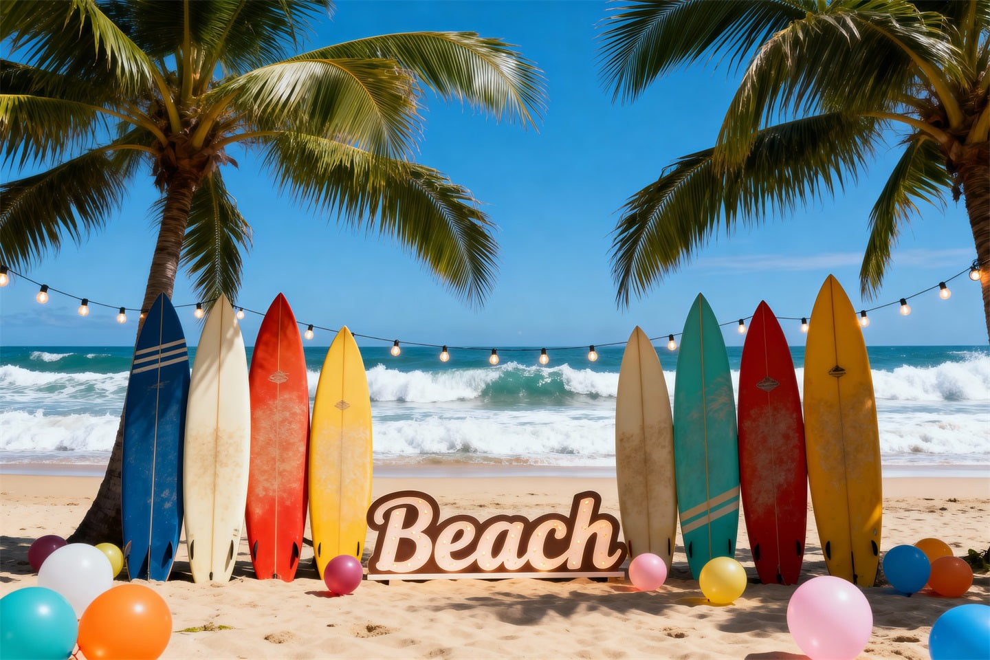 Hawaii-Strandkulisse Bunte Surfbretter Luftballons Lustige Sommerkulissen-Ideen RR61-20