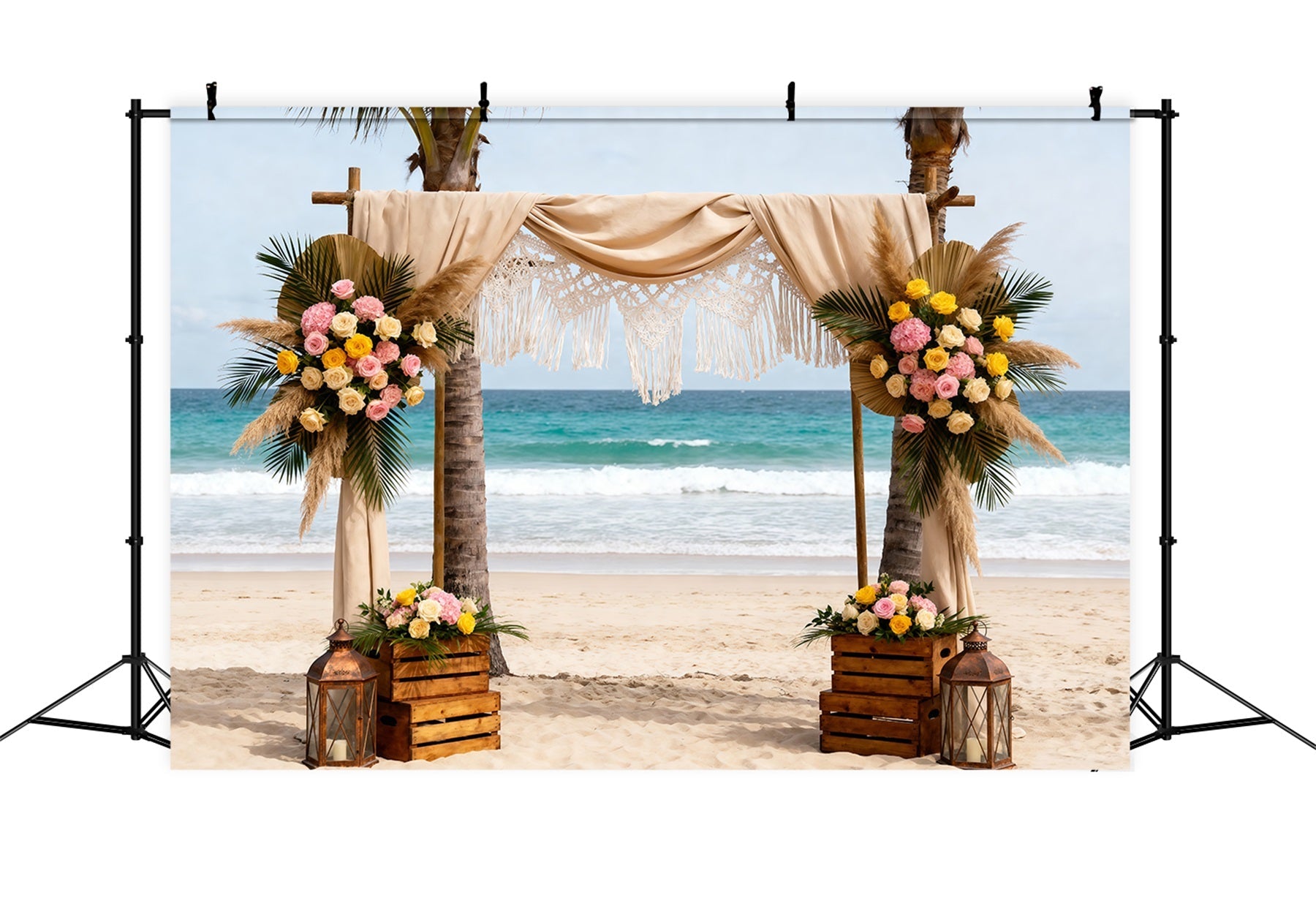 Ozeanstrandkulisse Boho-Hochzeit Blumenbogen Sommerkulissen Fotografie RR61-24