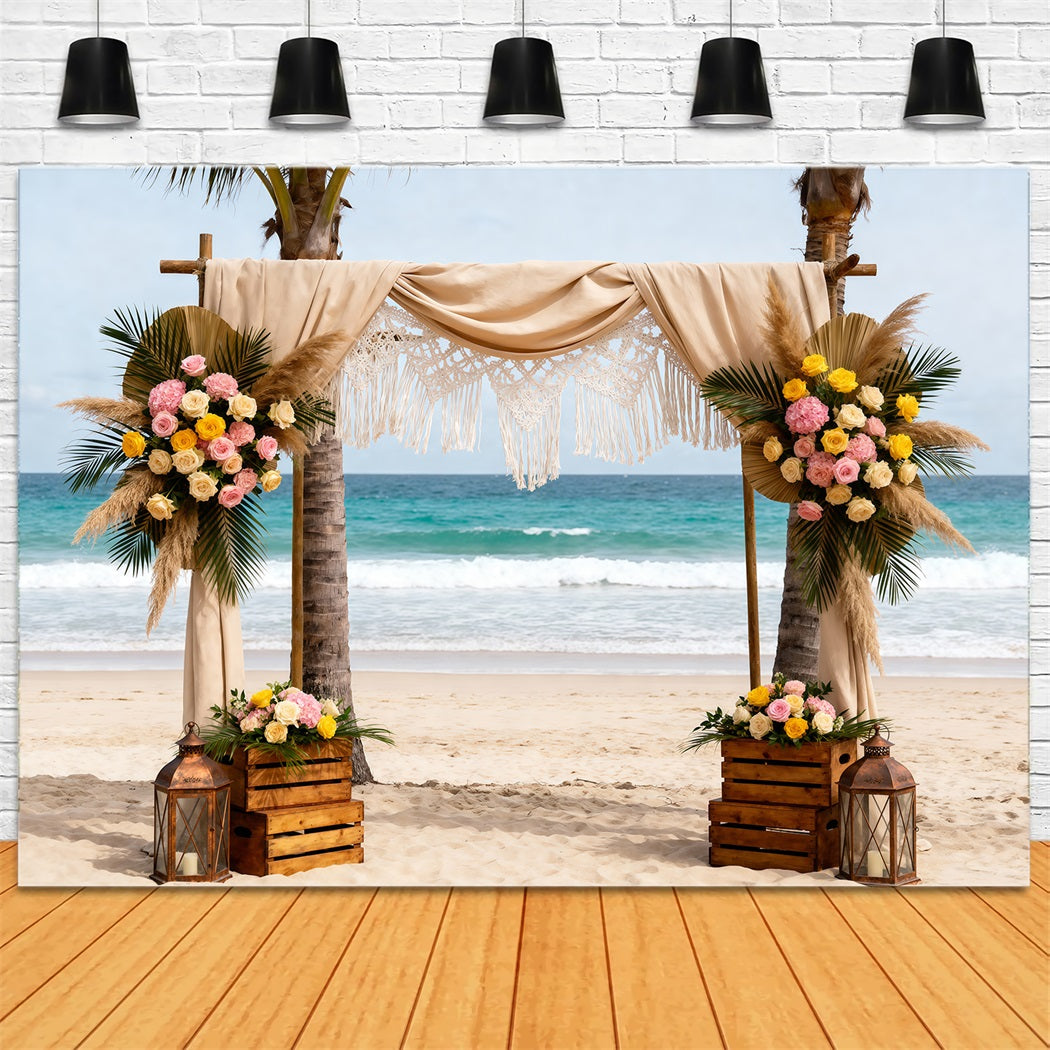 Ozeanstrandkulisse Boho-Hochzeit Blumenbogen Sommerkulissen Fotografie RR61-24