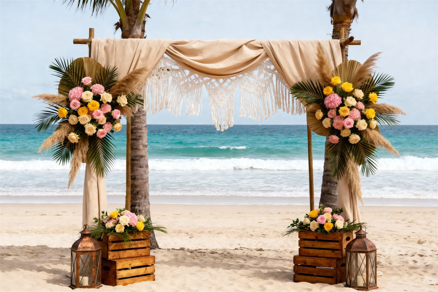 Ozeanstrandkulisse Boho-Hochzeit Blumenbogen Sommerkulissen Fotografie RR61-24